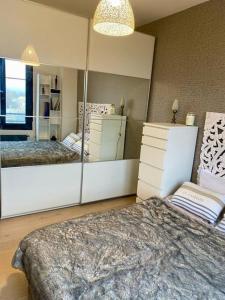 1 Schlafzimmer mit 2 Betten und einem großen Spiegel in der Unterkunft Deux pièces, plein centre avec vue sur les toits in Le Vésinet