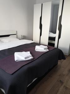 - une chambre avec un lit et des serviettes blanches dans l'établissement Cozy Studio Onesti, à Onești