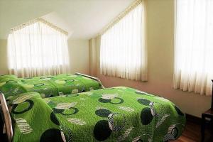 two green beds in a room with windows at Lago Sagrado Titicaca - Casa de Campo & Agroturismo in Huayllara