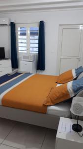 een slaapkamer met een groot bed en blauwe gordijnen bij Lala location Le Moule in Le Moule