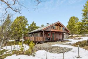a wooden house in the snow with trees at Koslig hytte ved Grimsdalen in Dovre +18 photos