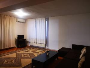 ein Wohnzimmer mit einem Sofa und einem Tisch in der Unterkunft Vila spatioasa 7 camere la lacul BUftea in Buftea