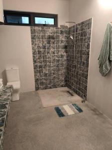 y baño con ducha y pared de azulejos. en Naturo Villa 16 en Poste Lafayette