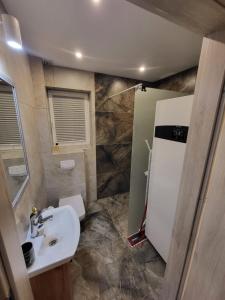 małą łazienkę z umywalką i lodówką w obiekcie Sosnowe Wzgórze - Wypoczynek w Zagórzu Śląskim 1 w Zagórzu Śląskim