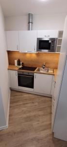 uma pequena cozinha com um lavatório e um micro-ondas em Lesia Apartments 3 em Brno