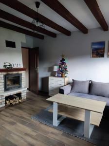 ein Wohnzimmer mit einem Weihnachtsbaum und einer Couch in der Unterkunft Domki w Bieszczadach Nova Dolina in Średnia Wieś