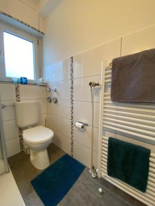 ein Badezimmer mit einem WC und einem Handtuchhalter in der Unterkunft Kuschelnest Michelstadt in Michelstadt