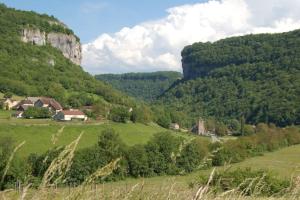 un champ verdoyant avec des maisons et des montagnes en arrière-plan dans l'établissement L'Alambic à Martial, à Ménétru-le-Vignoble