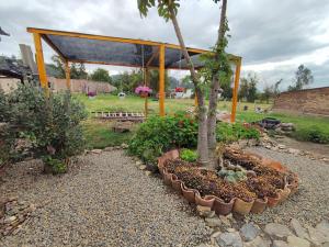 a garden with a tree and a picnic shelter at El Caña Bravo Posada, Alojamiento de Descanso in Duitama
