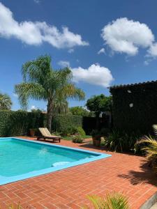 een zwembad met een bank en een palmboom bij Residência familiar com piscina e área de lazer in São Gabriel