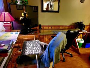 a room with a desk with a chair and a desk with a lamp at Gîte du passant SADM, parc de la Gaspésie. in Sainte-Anne-des-Monts