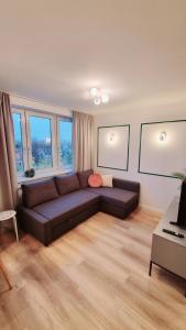 ein Wohnzimmer mit einem braunen Sofa in einem Zimmer in der Unterkunft Apartament Spokojna przy SUNTAGO DEEPSPOT Mszczonów in Mszczonów