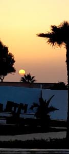 einen Sonnenuntergang über einem Strand mit Palmen und dem Meer in der Unterkunft Dar Malaika in Oualidia