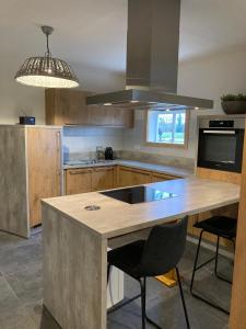 a kitchen with a large wooden island in the middle at De Schuure 't Voorde in Winterswijk in Winterswijk