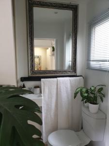 a bathroom with a mirror and a toilet and a sink at Casa La Moore Self Catering Accomodation in Durban