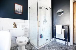 a bathroom with a toilet and a shower at Sandbed House - Sleeps 4 to 6 in Bristol