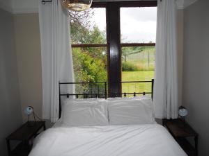 a bedroom with a bed with a large window at Uist Cottage in Kingussie