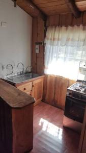 a small kitchen with a sink and a stove at Cabaña Rustica, Lago/bosque/Puerto/Estufa Pellet in Puerto Fuy