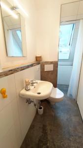 een badkamer met een wastafel, een toilet en een spiegel bij Traumschlösschen in Nossen