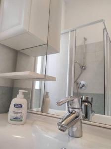 un lavandino in bagno con specchio e una bottiglia di sapone di Casa Zia Luisa a Lecco