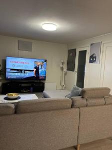 uma sala de estar com um sofá e uma televisão de ecrã plano em Modern 2-bedroom apartment 