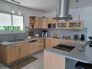 a kitchen with wooden cabinets and a blue counter top at Ginatella - 3 chambres in Deaux