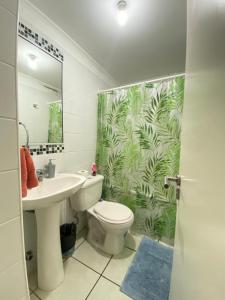 ein Badezimmer mit Toilette, Waschbecken und Spiegel in der Unterkunft Hermoso departamento a pasos de avenida del mar in La Serena