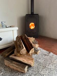 a pile of logs sitting in front of a fireplace at La alpina playa nebel in Concordia