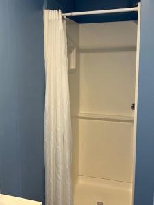 a bathroom with a shower curtain in a closet at Seagrass Inn in Old Orchard Beach