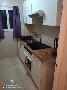 uma pequena cozinha com um lavatório e um fogão em Castellón Apartment Basic em Castellón de la Plana