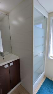 La salle de bains est pourvue d'un réfrigérateur en verre et d'un évier. dans l'établissement Cottage flottant terrasse gamme supérieure proche Dijon, 