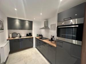 a kitchen with gray cabinets and stainless steel appliances at Ferienwohnung am Berg in Wolfshagen