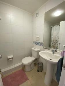 a white bathroom with a toilet and a sink at Acogedor dpto en puerto varas in Puerto Varas