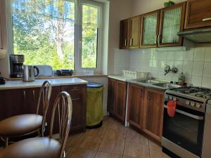 uma cozinha com armários de madeira e um forno com placa de fogão em Hubiza em Bukówka