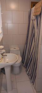 y baño con lavabo, aseo y cortina de ducha. en Cabañas Don Emilio en Valparaíso