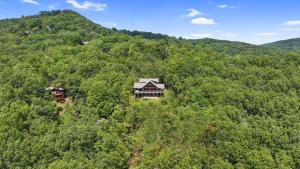 an aerial view of a house in the middle of a mountain at Barkada Cabin Blue Ridge, GA in Blue Ridge