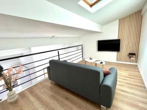 - un salon avec un canapé et une télévision dans l'établissement Chaleureuse maison avec terrasse et garage, à Espira-de-lʼAgly