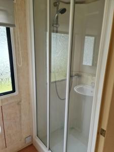 y baño con ducha de cristal y lavabo. en Willerby Holiday Home, en Durham