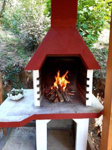 un horno de ladrillo con un fuego dentro de él en Tri breze en Hum Breznički