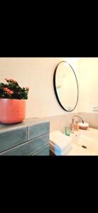 a bathroom with a sink and a mirror and a potted plant at בין הר ליער - צימרים באודם in Odem
