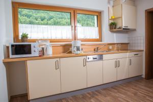 a kitchen with a sink and a microwave at Apart Sportiva in Klösterle am Arlberg