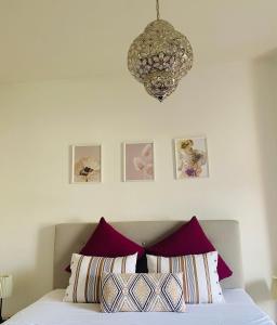 una camera da letto con un letto con un lampadario a braccio sopra di esso di HOCORAS Apartment a Ginevra