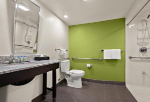 baño con aseo y pared verde en SPOT X Hotel Tampa Bay by Red Collection, en Wesley Chapel