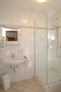 a bathroom with a glass shower and a sink at Landgasthof Friedrich in Trebgast