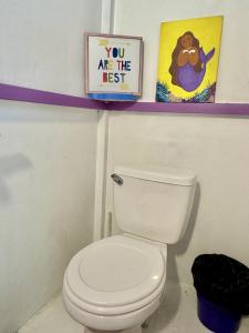 a bathroom with a toilet and some pictures on a shelf at Casa Mariposa in Puerto Viejo