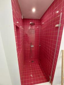 ducha de azulejos rojos con pared de baldosas rojas en Santiago Rooms en Caminha