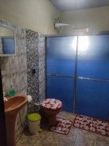 baño con puerta azul, aseo y lavamanos en Casa Temporada em Alto Caparaó, en Caparaó Velho