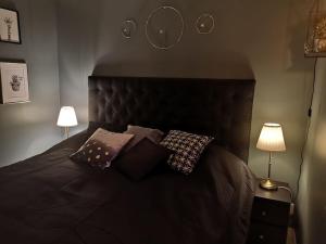 een slaapkamer met een zwart bed met kussens en 2 lampen bij Modern house on the countryside in lovely Bohuslän in Uddevalla
