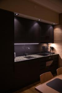 uma cozinha com armários pretos e um lavatório em Chalet Auroras - Top quality 2 bdr chalet in prime location of Levi em Levi