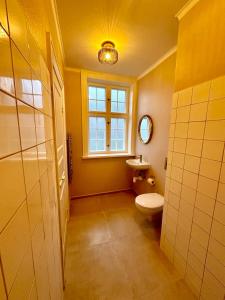 baño con aseo y lavabo y ventana en Hirtshals Gamle Station, en Hirtshals